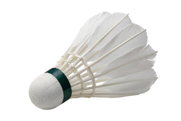 White badminton shuttlecock with green band on black background