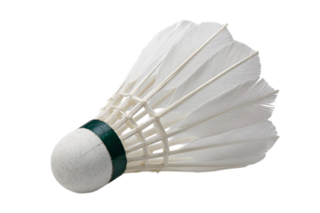 White badminton shuttlecock with green band on black background