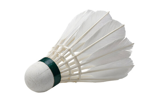 White badminton shuttlecock with green band on black background