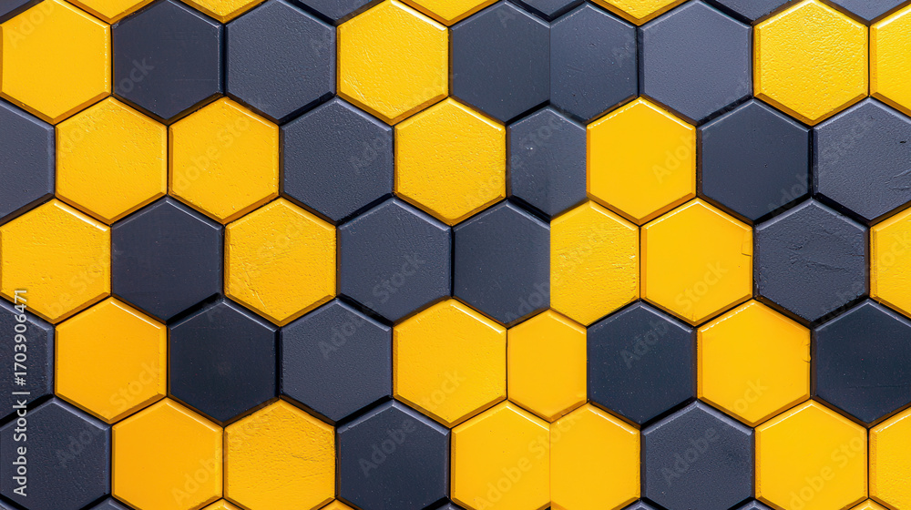 Poster bold honeycomb pattern featuring black and yellow hexagonal tiles, creating striking visual effect. 