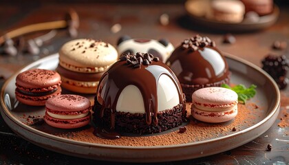 A decadent assortment of gourmet desserts featuring a rich chocolate dome cake and colorful French macarons on a platter