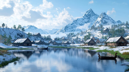 Serene winter landscape featuring traditional wooden houses by calm river, surrounded by snow covered mountains and lush greenery. scene evokes