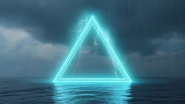 A large equilateral triangle glows neon cyan, floating mid-air dark, stormy ocean. Rain pours triangular edges, triangle&rsquo;s sharp edges high-detail raindrop particles, dynamic reflections