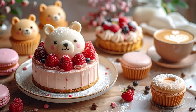 Charming dessert spread featuring an adorable bear-shaped strawberry cake, whimsical cupcakes, and fresh coffee - Powered by Adobe