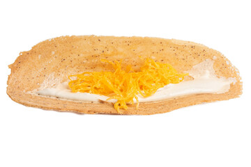 Photo of Thai crispy pancake taken with a high-resolution camera stacking focus technic using on a white background.