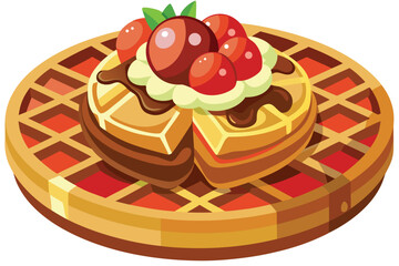 Colorful Cartoon Waffle Tower with Strawberry, Cream and Cherries Delightful Stack of Whimsical Waffles Ready to Eat