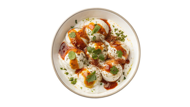 Top View of Traditional Indian Dahi Bhalla or Dahi Vada with Yogurt and Chutneys Isolated on Transparent Background