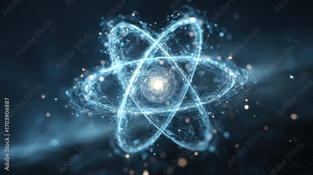 Poster visualizing an atom with glowing electrons orbiting a center, the design emphasizes energy and atomi