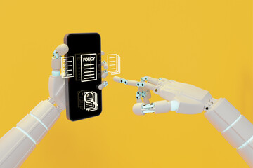 AI robotic arm hold smartphone isolate on white background