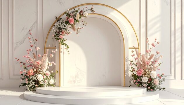 Elegant white circular podium with a golden double arch adorned with pink and white flowers, ideal for a wedding ceremony or luxury product presentation - Powered by Adobe