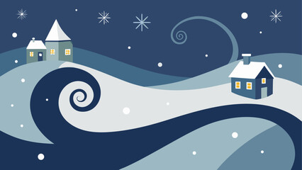 Whimsical winter night with snowing houses and swirling snowdrifts