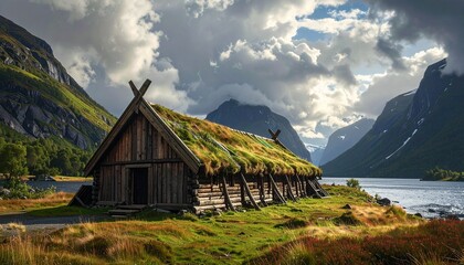 Historic Viking longhouse with a traditional green turf roof standing in a majestic Norwegian fjord landscape under a dramatic sky