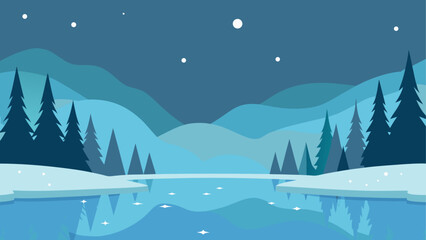 Flat design winter landscape with snowy hills and a frozen lake