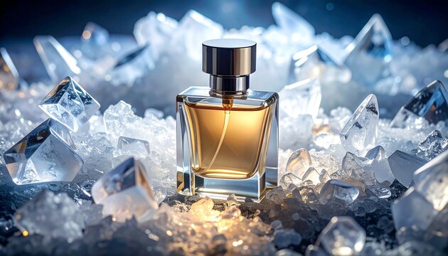 Elegant fragrance bottle nestled in a bed of sharp, shimmering ice crystals, exuding a luminous golden glow of a luxury scent - Powered by Adobe