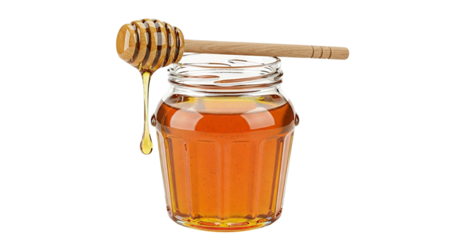 Dripping golden honey from a wooden dipper atop a glass jar a sweet indulgence promising on transparent background