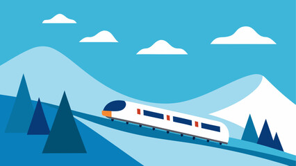 Fototapeta premium Modern train travels through snowy mountain landscape