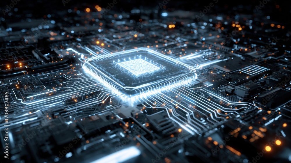 Aufkleber a detailed view of a microchip illuminated by glowing circuitry highlights the intricate connections