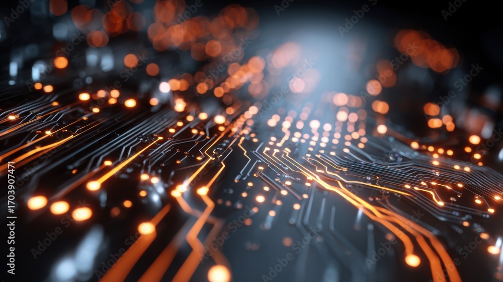 Aufkleber close-up view of an electronic circuit board featuring glowing orange lights. the intricate pathways