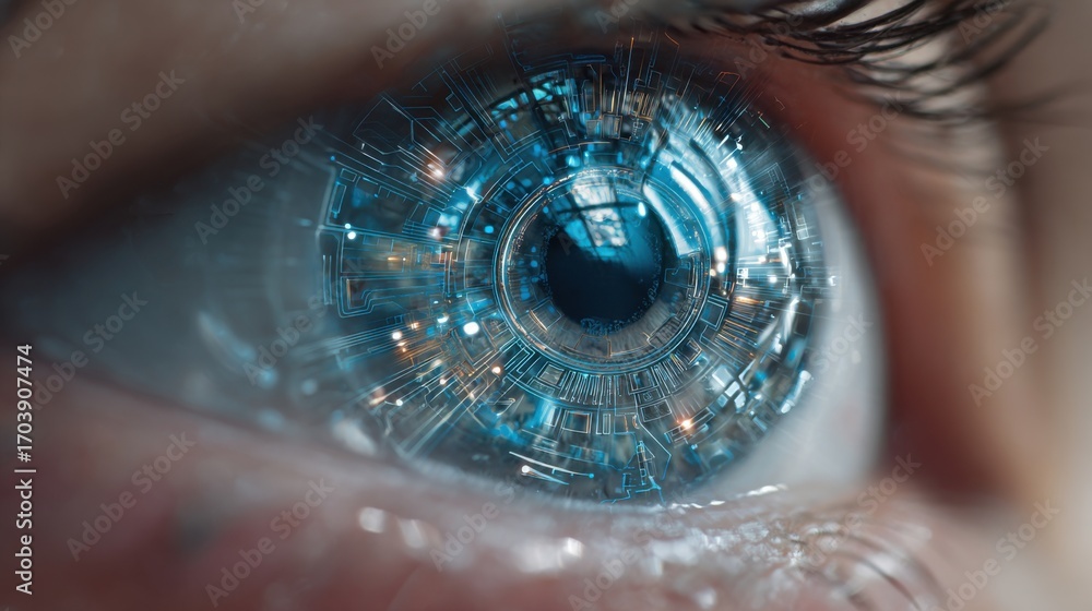 Aufkleber a detailed close-up features a human eye enhanced with intricate technology elements, showcasing cir
