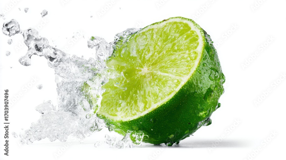 Poster a fresh lime is partially submerged in water, creating a dynamic splash effect. the vibrant green co