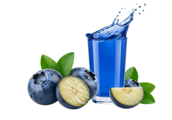Vibrant blueberries and a glass of vibrant blue juice, with a splash of liquid, highlight the healthy, refreshing nature of this drink.