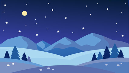 Naklejka premium Stylized winter mountain landscape under a starry night sky