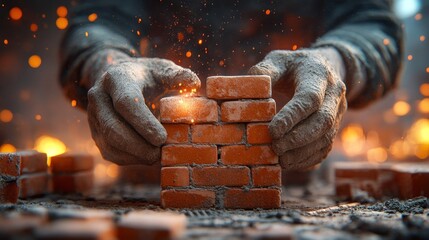 Close-up of hands in work gloves placing brick. Sparks and fire in the background