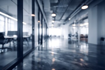 Blurred modern office interior background with desks, computers and lighting, corporate workspace environment and business workplace concept