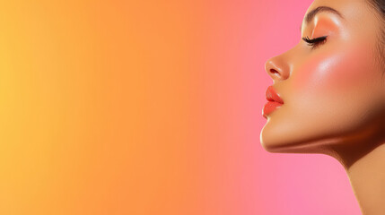 Profile view of woman with glowing skin, showcasing radiant makeup against vibrant gradient background. image evokes beauty and elegance