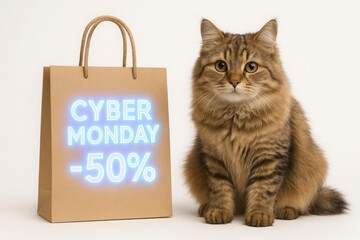 Cute Cat with Cyber Monday Shopping Bag Showing Discount Offer for Holiday Sale Promotion