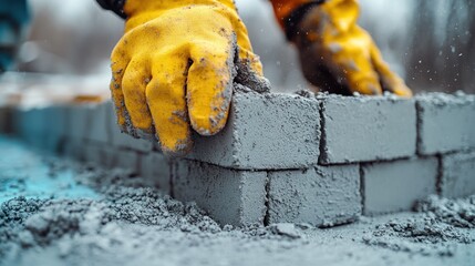 Close-up of hands in yellow gloves laying gray bricks