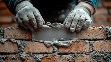 Close-up of hands in work gloves placing brick on mortar