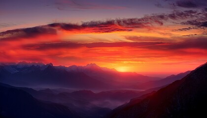 Fototapeta premium Crimson Sunset Over Mountains A Vibrant Painterly Display Of Nature S Beauty With The Setting Sun Ablaze Across A Majestic Mountain Range Clouds Catching The Fiery Hues Of Sunset