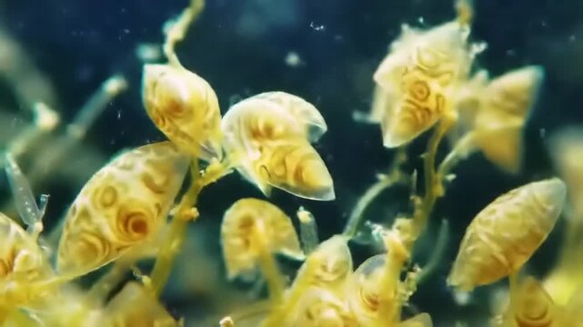 Close-up of unique translucent aquatic organisms with intricate spiral patterns