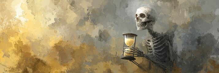 Skeleton Holds Hourglass Representing the Passage of Time in Front of a Stylized Cloudy Yellow and Grey Background