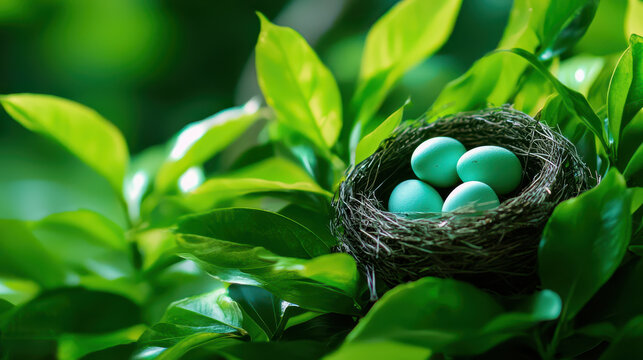 Serene bird nest with four blue eggs nestled among vibrant green leaves, symbolizing new life and nature beauty