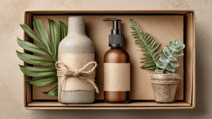 Eco packaging set with natural cosmetics and green leaves