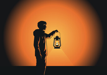 vector illustration of a person's silhouette holding a glowing lantern in the dark, symbolizing hope and guidance for World Mental Health Day.