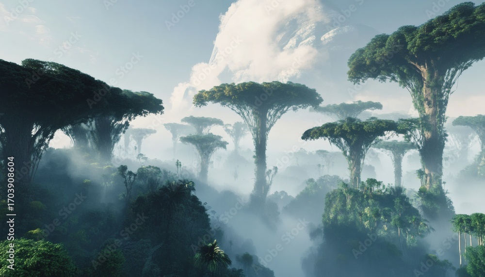 Poster the illustration shows a landscape with large, unique trees rising from a misty forest, a large moun