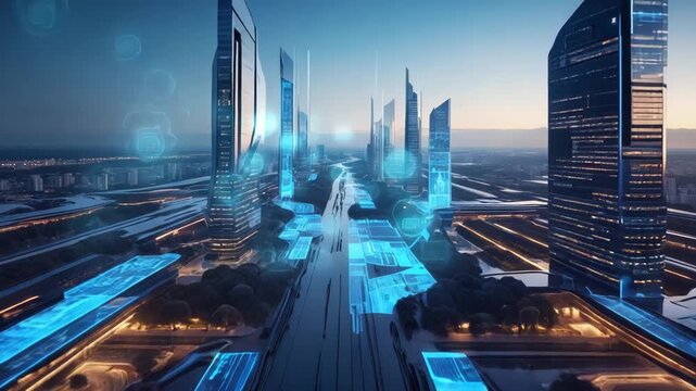 Isometric top-down glowing futuristic data hub, abstract blue digital grids flowing holographic nodes misty weather soft liquid towers rain droplets on glass surfaces cyber-tech corporate architecture
