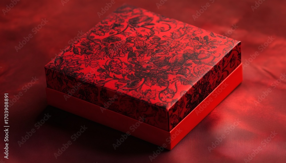 Poster a red square box with a black floral pattern is shown on a red fabric background; the box is closed.
