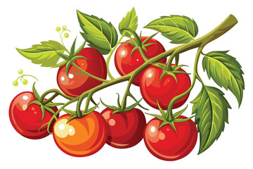 Vibrant Cluster of Tomatoes with Lush Green Leaves A Colorful and Appetizing Still Life Vegetable Medley