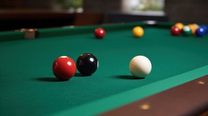 Close-Up View of Snooker Balls Clustered on a Green Table During Mid-Game Action