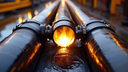Close-up of industrial pipes, glowing orange joint