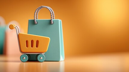 Shopping cart with gift bag in orange retail background