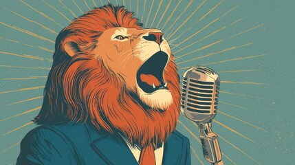 A fierce lion wearing a suit passionately speaks into a vintage microphone, surrounded by a vibrant, stylized background that enhances its commanding presence.