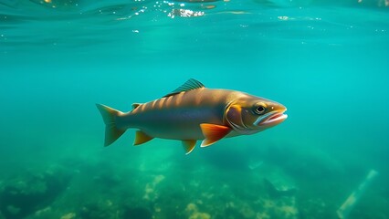 Fototapeta premium A trout glides through crystal-clear waters in a serene underwater scene with natural lighting.