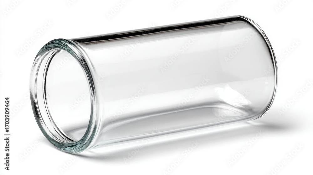 Poster a transparent glass jar lies horizontally on a plain white surface. the jar reflects light, creating