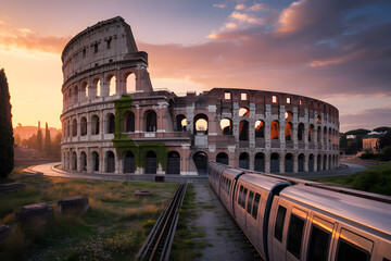 Colosseum by Train: A majestic ancient Colosseum structure with a passenger train passing by under a radiant sunset in Rome.