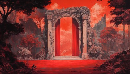 The illustration shows an arched stone gateway draped with red curtains, situated within a dark red forest with a distant, hazy cityscape.
